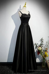 A-line Black Satin Straps Long Formal Dress, Black Simple Prom Dress